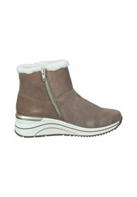 Bottines en daim marron avec un col en fausse fourrure blanche, fermeture éclair latérale et une semelle en coin légère avec des lignes courbes et un motif texturé.
