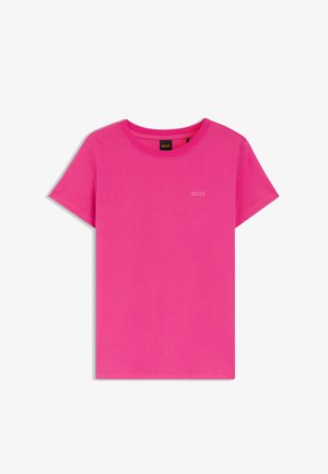 Bright pink short-sleeve crew neck T-shirt with small "BOSS" logo on the left chest and black inner neck label.