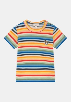 T-shirt bébé à manches courtes avec rayures horizontales multicolores et un petit zèbre brodé sur la poitrine, taille 6 mois.