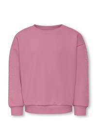 Roze crewneck sweatshirt van zacht materiaal. Bevat zilveren details op de mouwen en ribgebreide manchetten en onderrand. Eenvoudig en casual ontwerp.