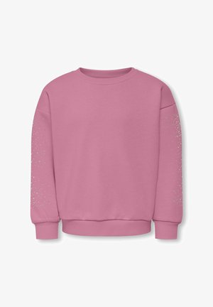 Sudadera de cuello redondo rosa hecha de material suave. Presenta detalles plateados en las mangas y puños y dobladillo acanalados. Diseño simple y casual.