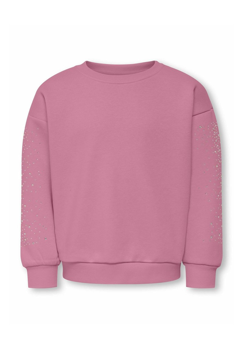 Roze crewneck sweatshirt van zacht materiaal. Bevat zilveren details op de mouwen en ribgebreide manchetten en onderrand. Eenvoudig en casual ontwerp.