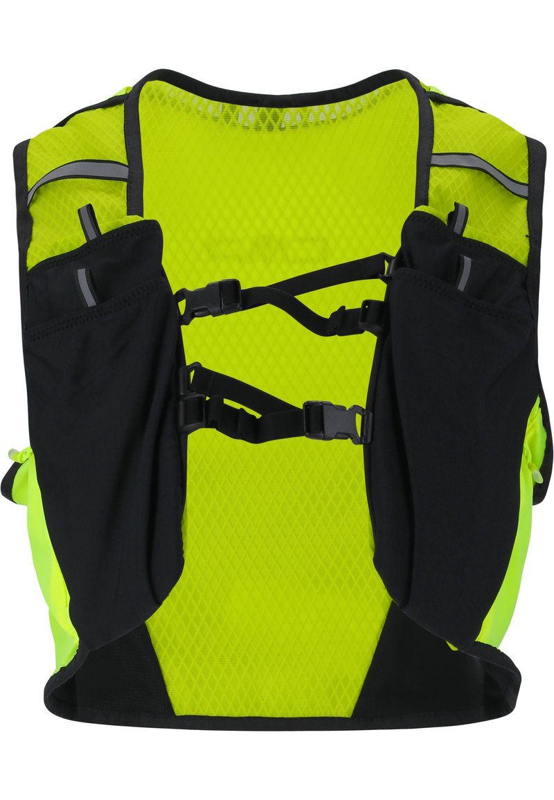 Neon gul väst med ventilerad meshbak, svarta detaljer, justerbara remmar och dubbla sidofickor. Reflekterande detaljer för synlighet.
