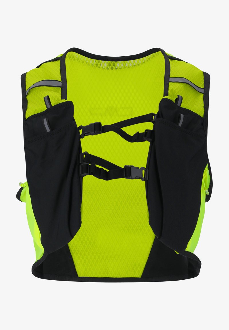 Neon gul väst med ventilerad meshbak, svarta detaljer, justerbara remmar och dubbla sidofickor. Reflekterande detaljer för synlighet.
