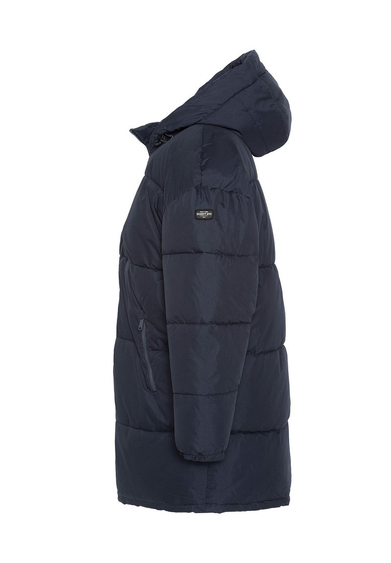 Veste matelassée navy avec capuche, design en biais, et poche zippée sur le côté. Fabriquée en matériau synthétique avec une texture douce et une isolation légère.