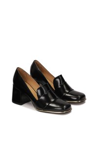 Black leather block-heel shoes with a rounded toe, featuring a decorative strap across the instep and gold accent along the sole.