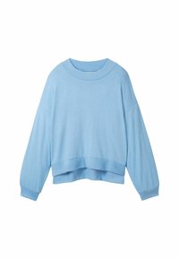 Lichtblauwe, cropped sweater van zachte stof met een ronde ribbelhalslijn en loszittende, lange mouwen. Ribbelafwerking aan de onderkant.