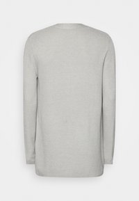 Ljusgrå långärmad stickad tröja med rundad hals, sedd från baksidan mot en enfärgad vit bakgrund.