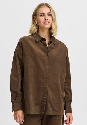 Brown corduroy shirt with a button-down front, long sleeves, and a relaxed fit. Features a classic collar and subtle texture.