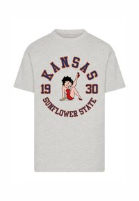 Gray cotton t-shirt featuring a central graphic with the text "Kansas SUNFLOWER STATE 1930" and an illustration of a character in a red dress.