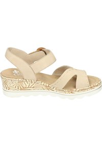 Sandales en cuir beige à talon compensé avec des brides croisées, semelle intermédiaire tissée texturée et semelle rembourrée. Design léger.