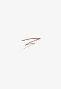 Brun eyeliner-prøve med en teksturert finish, med to strøk av varierende tykkelse på en hvit bakgrunn.
