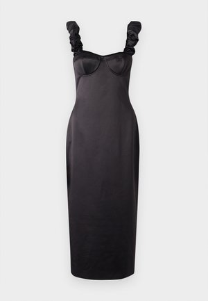 Czarna midi sukienka uszyta z gładkiego materiału, z dopasowanym gorsetem z wyściełanymi miseczkami oraz falbaniastymi ramiączkami. Prosty, elegancki design.