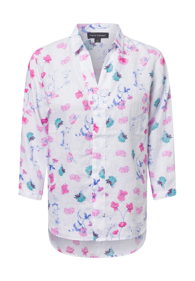 Weißes Leinenhemd mit floralem Muster in Pink, Blau und Grün. Mit einem V-Ausschnitt, Dreiviertelärmeln und einem etwas längeren Rückenteil.