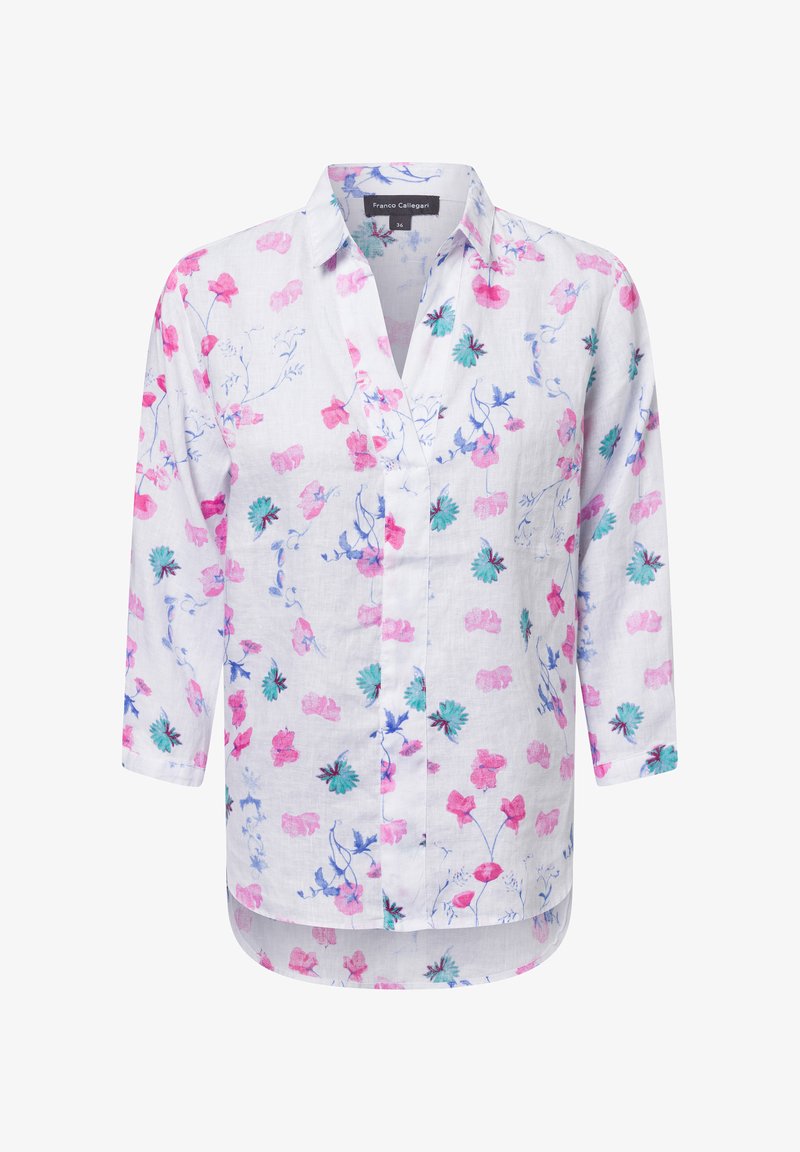Weißes Leinenhemd mit floralem Muster in Pink, Blau und Grün. Mit einem V-Ausschnitt, Dreiviertelärmeln und einem etwas längeren Rückenteil.