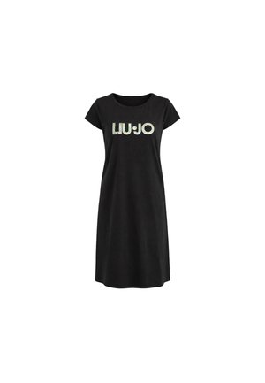 Vestito midi nero a maniche corte con collo rotondo e logo "LIU JO" in lettere iridescenti sul petto.