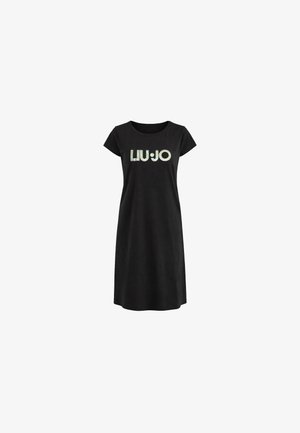 Vestito midi nero a maniche corte con collo rotondo e logo "LIU JO" in lettere iridescenti sul petto.