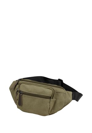 Khaki bæltetaske lavet af slidstærkt lærred, med to lynlåslommer, justerbar sort rem og en struktureret finish. Kompakt design.