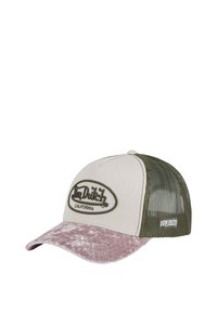 Casquette de baseball avec un devant en tissu écru, des côtés en maille olive et une visière matelassée rose. Présente un logo décoratif.