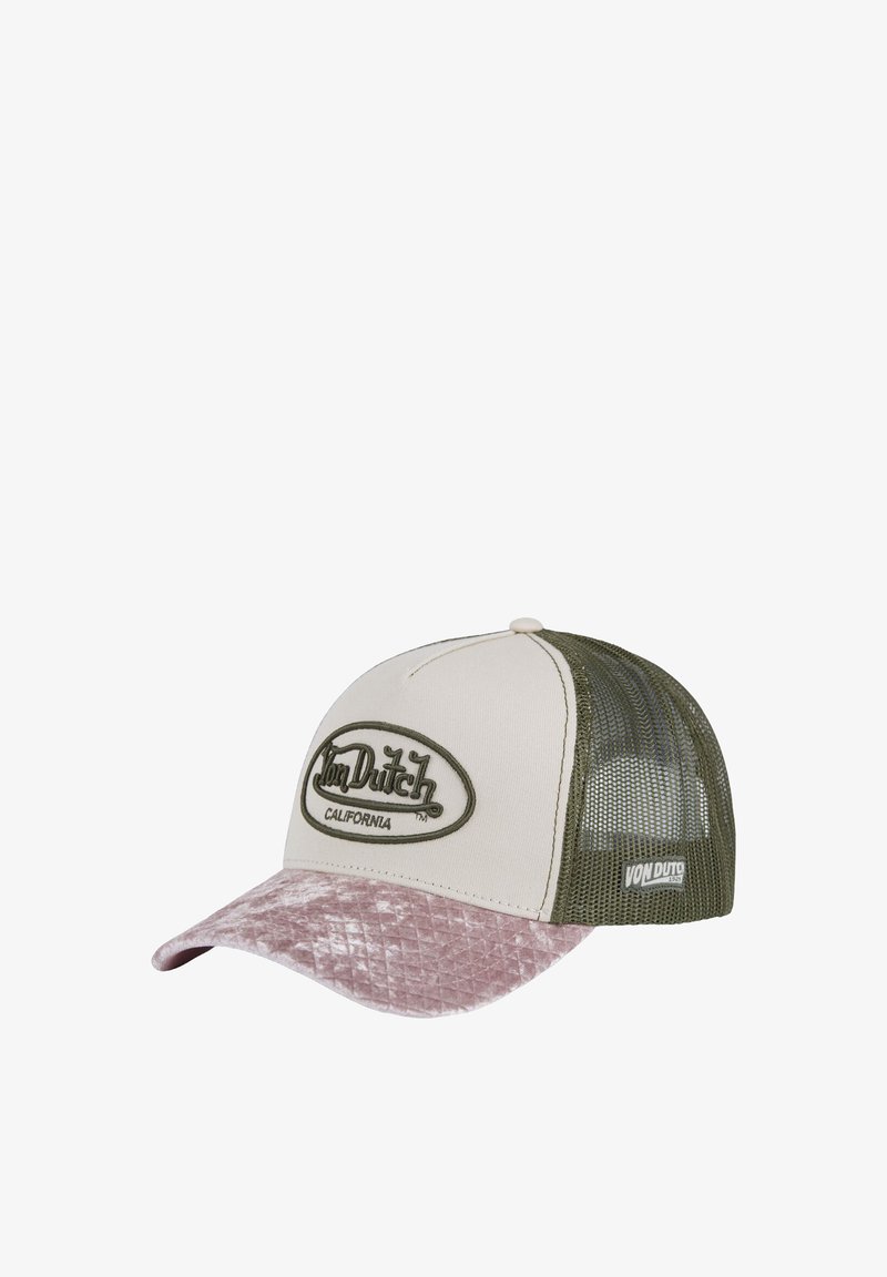 Gorra de béisbol con la parte frontal de tela blanco roto, los lados de malla verde oliva y visera acolchada rosa. Presenta un logo decorativo.