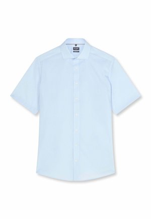 Chemise bleu clair à manches courtes avec col classique, boutons à l'avant et ourlet droit.