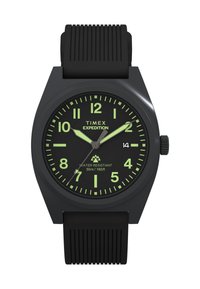 Ceas Timex Expedition negru cu cadran rotund, marcaje orare verzi luminoase, curea neagră din cauciuc și rezistență la apă până la 50 m.