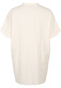 Leichte, kurzärmlige Bluse mit gelben und weißen vertikalen Streifen, lockerem Schnitt und einfachem Kragendesign. Glatte Textur.