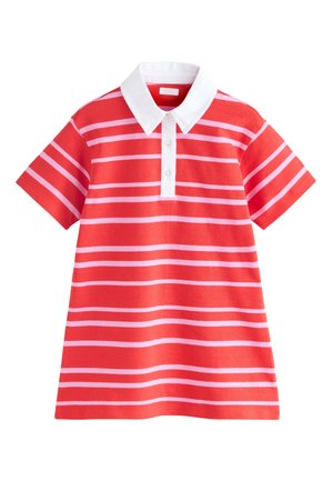 Rød og pink vandret striped kortærmet polokjole med hvid krave og tre-knaps lukning.