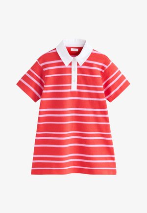 Rød og pink vandret striped kortærmet polokjole med hvid krave og tre-knaps lukning.