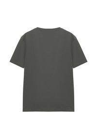 Dark olive green short-sleeve t-shirt with a round neck, made from soft cotton material, featuring a smooth texture and a simple, unadorned design.