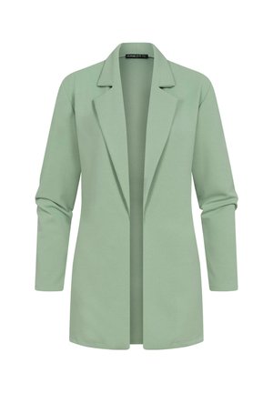 Gaiši zaļš garām piedurknēm bleizeris ar pielāgotu dizainu, ar iegrieztiem atlociem un gludu auduma tekstūru; atvērta priekšpuse bez aizdares.