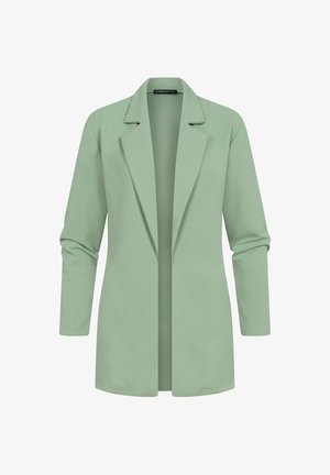 Gaiši zaļš garām piedurknēm bleizeris ar pielāgotu dizainu, ar iegrieztiem atlociem un gludu auduma tekstūru; atvērta priekšpuse bez aizdares.