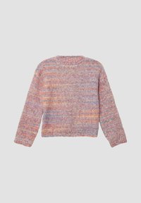 Sweter dzianinowy w pastelowe paski w kolorach różowym, fioletowym i pomarańczowym, z okrągłym dekoltem i ściągaczami przy rękawach. Miękka tekstura i krótki fason.