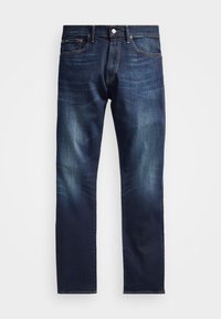 Mörkblå denimjeans med lätt blekning, femficksdesign, dragkedja med knappstängning och rak benform. Kontraststickningsdetaljer.