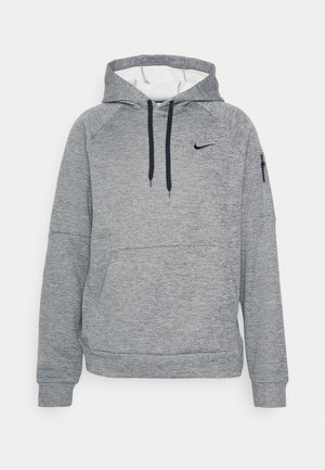 Gray hoodie with a kangaroo pocket, drawstring hood, and navy accents. Features ribbed cuffs, raglan sleeves, and a logo on the chest.