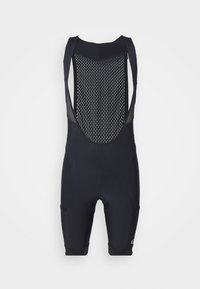 Cuissards de cyclisme noirs en tissu extensible, dotés d'un dos en maille pour la ventilation, d'un siège rembourré et de poignets élastiques.