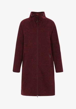 Burgundska dolga jakna iz teksturirane pletene tkanine, z visokim ovratnikom, sprednjim zadrgo in stranskimi žepi.