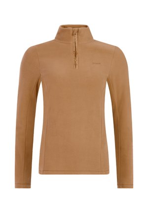 Tan fleece pullover met een halve rits, lange mouwen en subtiele logodetail. Zachte textuur, lichtgewicht ontwerp dat geschikt is voor lagen.