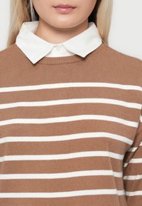 Bruine gestreepte trui met witte horizontale strepen, met daaronder een witte blouse met kraag, gemaakt van een zachte breimateriaal.