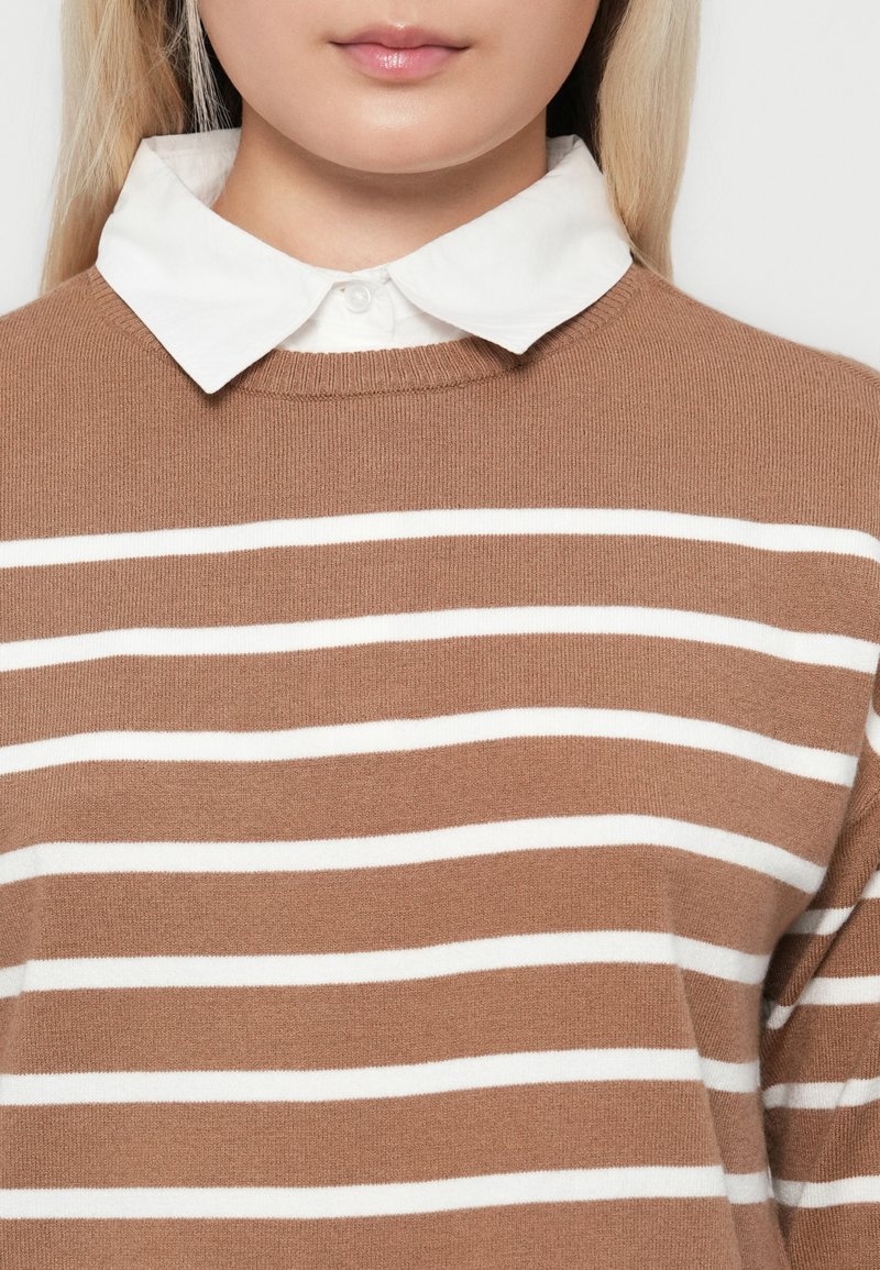 Maglione a righe marroni con righe orizzontali bianche, dotato di una camicia color bianco con colletto sottostante, realizzato in un morbido materiale a maglia.