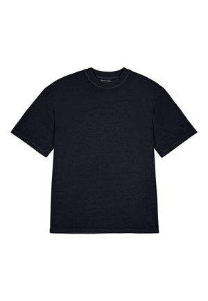 Melna kokvilnas T-krekls ar īsām piedurknēm, apaļo kakla izgriezumu, mīkstu tekstūru un diskrētu reljefa logo priekšpusē. Līdzens apakšmalas dizains.