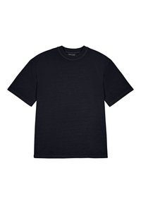 Plain black short-sleeve crew neck T-shirt with subtle small embossed logo on left chest area.