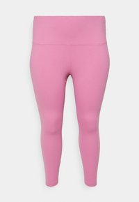 Leggings rosas feitos de tecido elástico, apresentando uma cintura alta e uma textura suave, com um design ajustado e sem padrões visíveis.