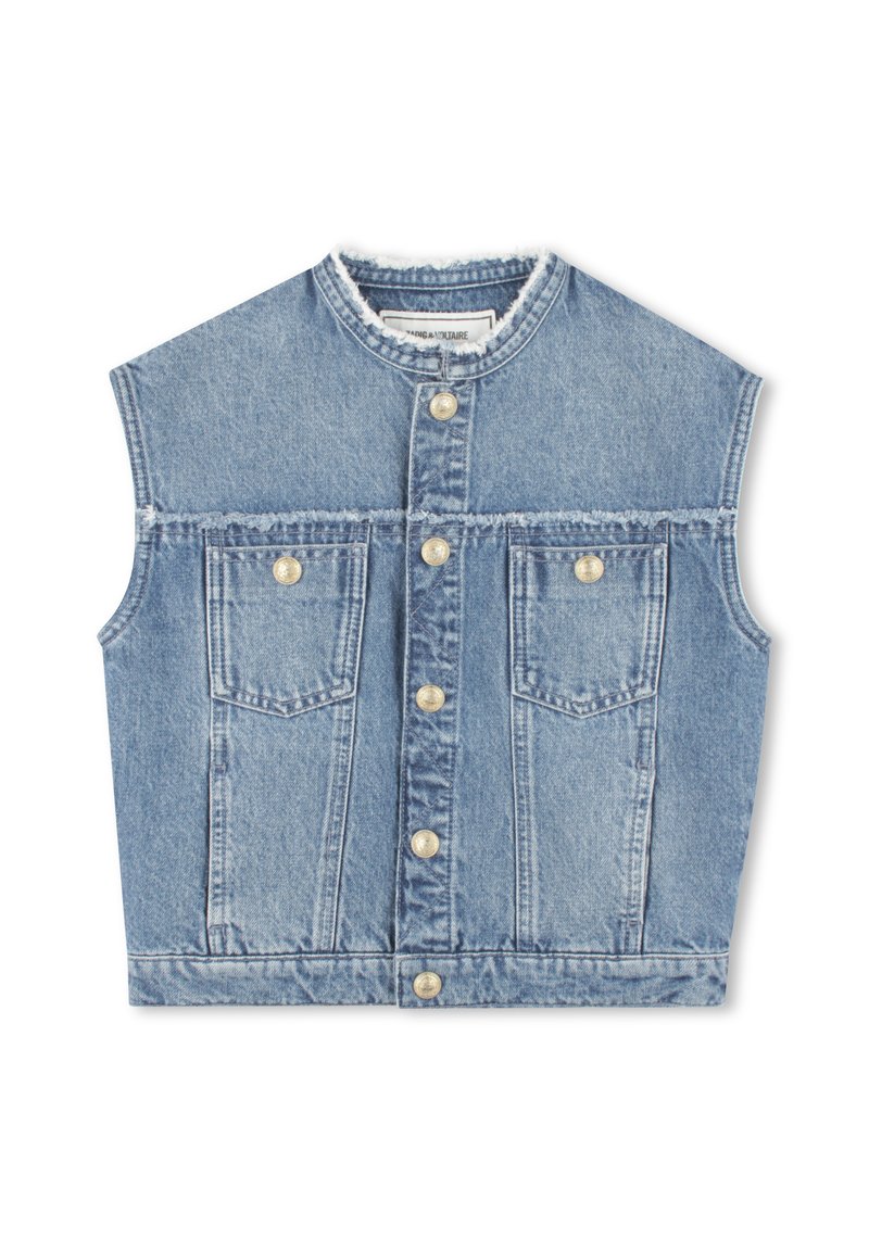 Jeansweste in Hellblau, ärmelloses Design mit runder Kragen, zwei Fronttaschen, silberne Knöpfe und ausgefranster Saum.