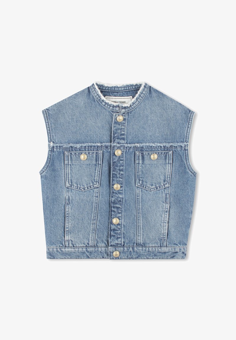 Denim vest in lichtblauw, mouwloos ontwerp met een ronde kraag, voorzien van twee voorzakken, zilveren knopen en een rafelige zoom.
