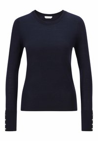 Pull à manches longues bleu marine en tissu léger avec un col rond, orné de boutons sur les poignets et une coupe lisse et ajustée.