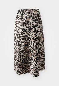 Midikjol i blankt tyg med en beige bakgrund och svarta och bruna leopardfläckar. Slät textur, utsvängd form, elastisk midja.