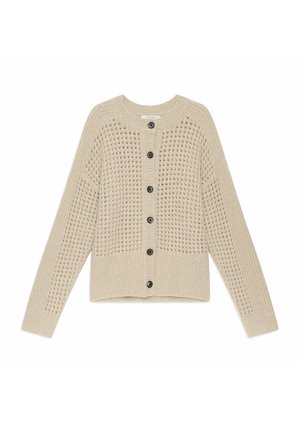 Cardigan beige chiaro lavorato a maglia con un design a rete strutturata, caratterizzato da una chiusura con bottoni sul davanti, maniche lunghe e orlo e polsini a coste.