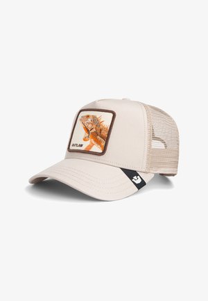 Beige mesh trucker cap featuring a front patch with an orange and brown iguana and the word "OUTLAW."