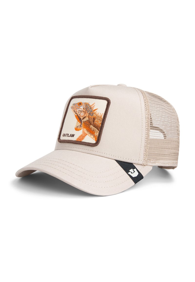 Beige mesh trucker cap featuring a front patch with an orange and brown iguana and the word "OUTLAW."